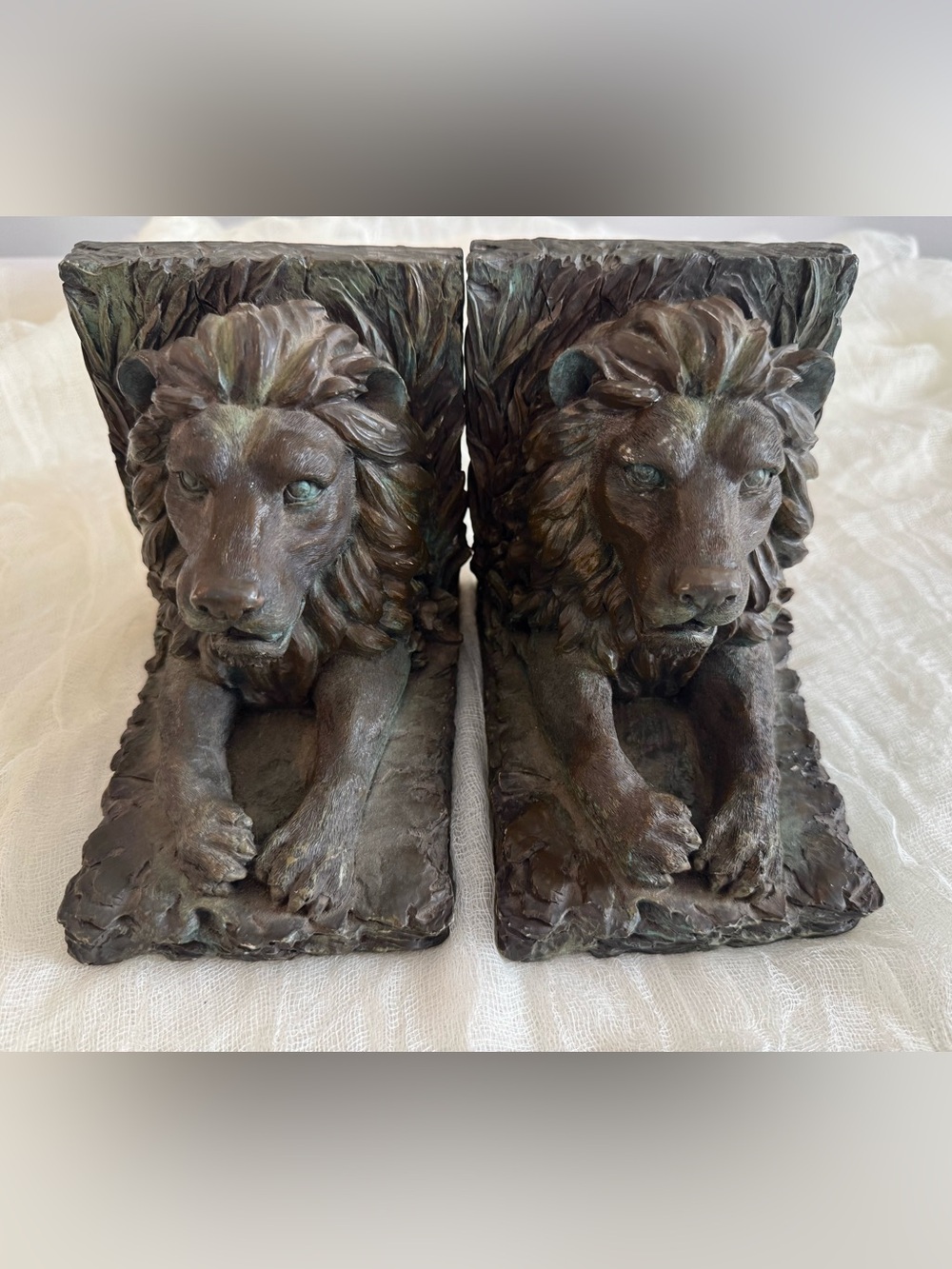 Vintage 1999 CBK Lion Bookends Heavy Resin Green Bronze Verdigris Pair